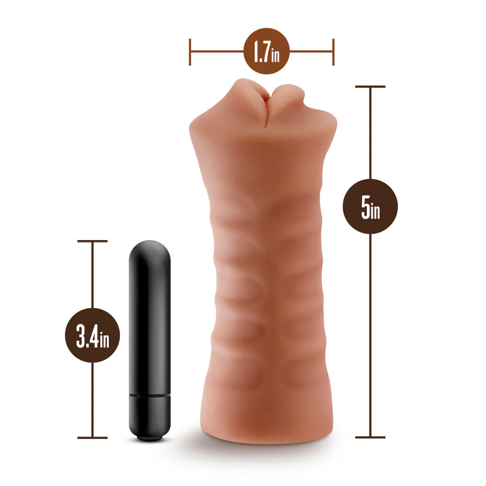 The Isabella Mocha with Vibrator with measurements superimposed overtop of it. | Kinkly Shop