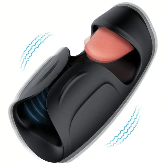 The Lickety Split shown with illustrated icons around it. This showcases the flicking tongue at the tip of the stroker and the vibrating motor throughout the shaft of the toy. | Kinkly Shop