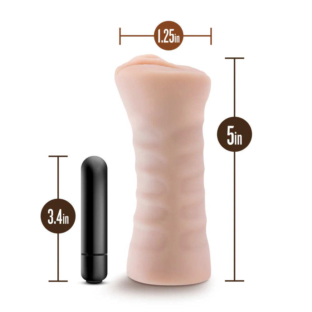 The Blush Rain with Vibrator shown with measurements around it. The bullet vibrator is 3.4" in total length. | Kinkly Shop