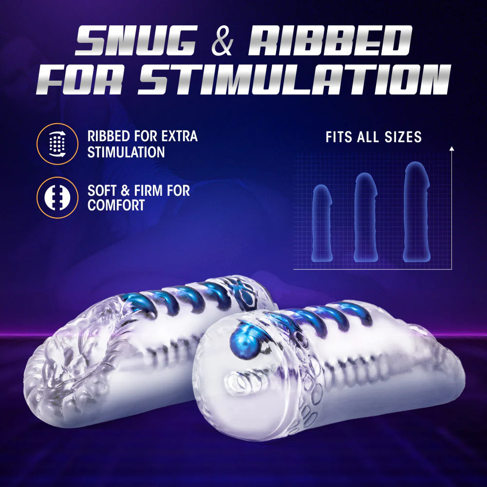Two Blush Snatch shown side by side, showing both sides of the open-ended stroker. Text on the image reads: Fits all sizes. Snug and ribbed for stimulation. | Kinkly