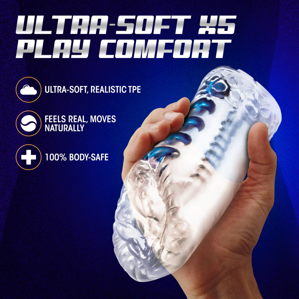 A hand holds the Blush Snatch. The stroker looks pretty thick in their hand, but it still looks one-handed use. Text on the image reads: Ultra-soft X5 Play Comfort. Feels real, moves naturally. 100% body-safe | Kinkly