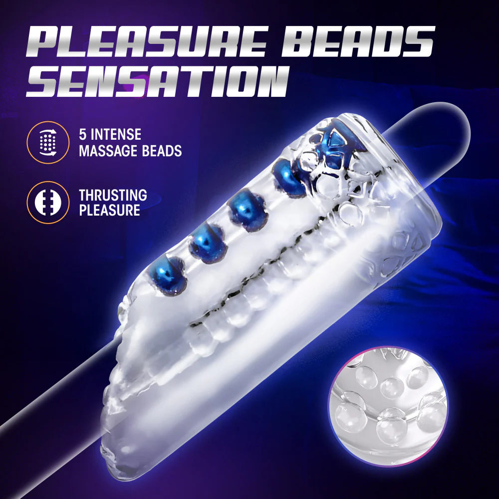 The Blush Snatch shown wrapped around an outline of a soft. Text on the image reads: Pleasure beads sensation. 5 intense massage beads. Thrusting pleasure | Kinkly