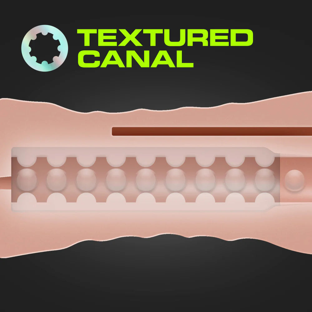 Cross-section showcases the interior texture. Text reads: Textured canal. | Kinkly