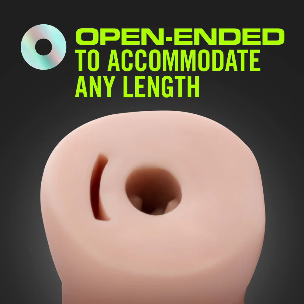 Image shows the end/tip of a stroker which includes its own hole. Text reads: Open-ended to accommodate any length. | Kinkly