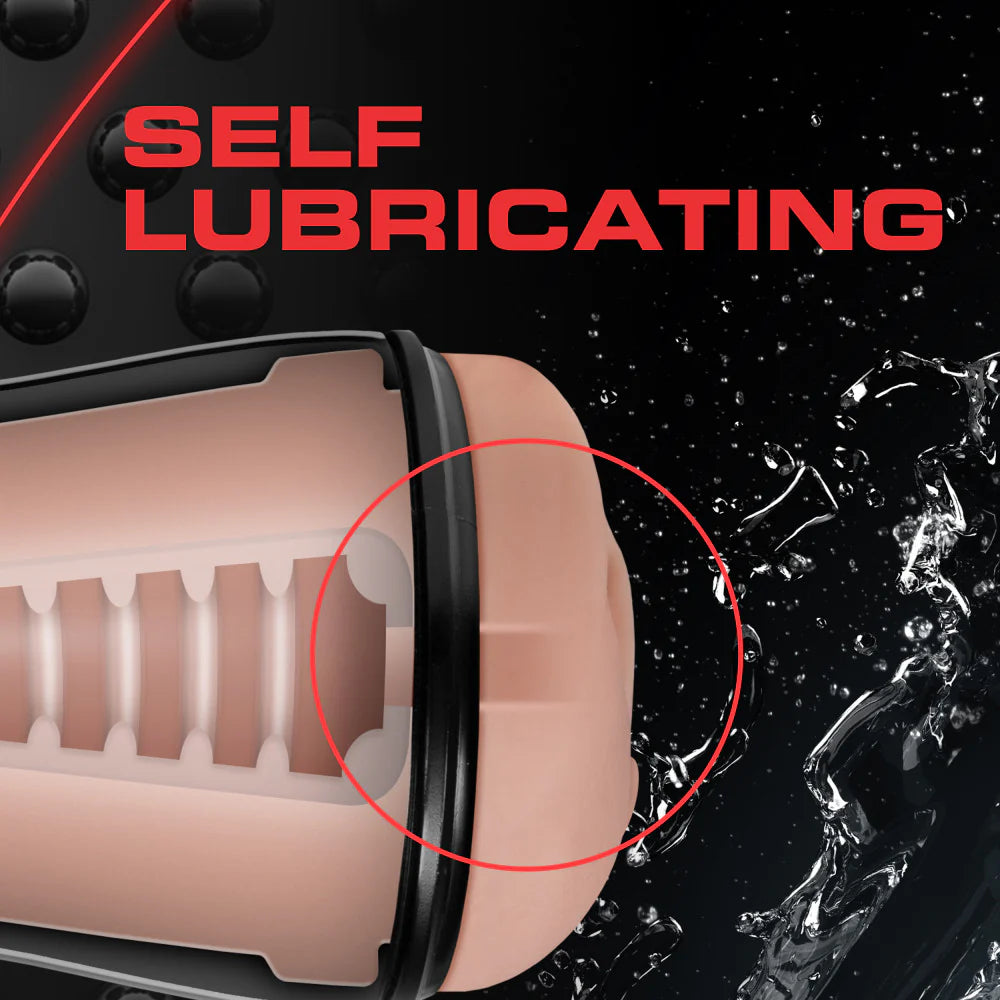 Close up on the entrance of the stroker with water splashing out of it. Text on the image reads: "Self lubricating" | Kinkly Shop