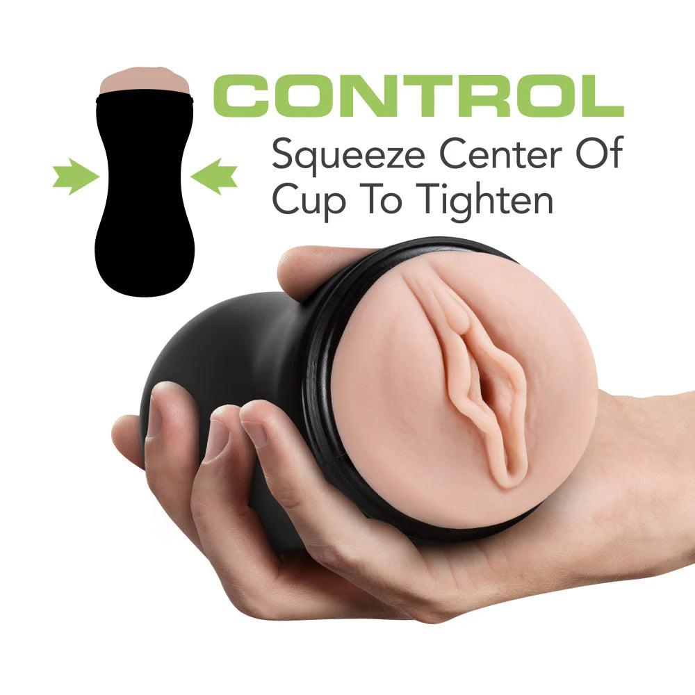 A hand holds the Blush Soft and Wet Pussy facing towards the camera, squeezing the case. Text on the image reads: "Control. Squeeze center of cup to tighten." | Kinkly Shop
