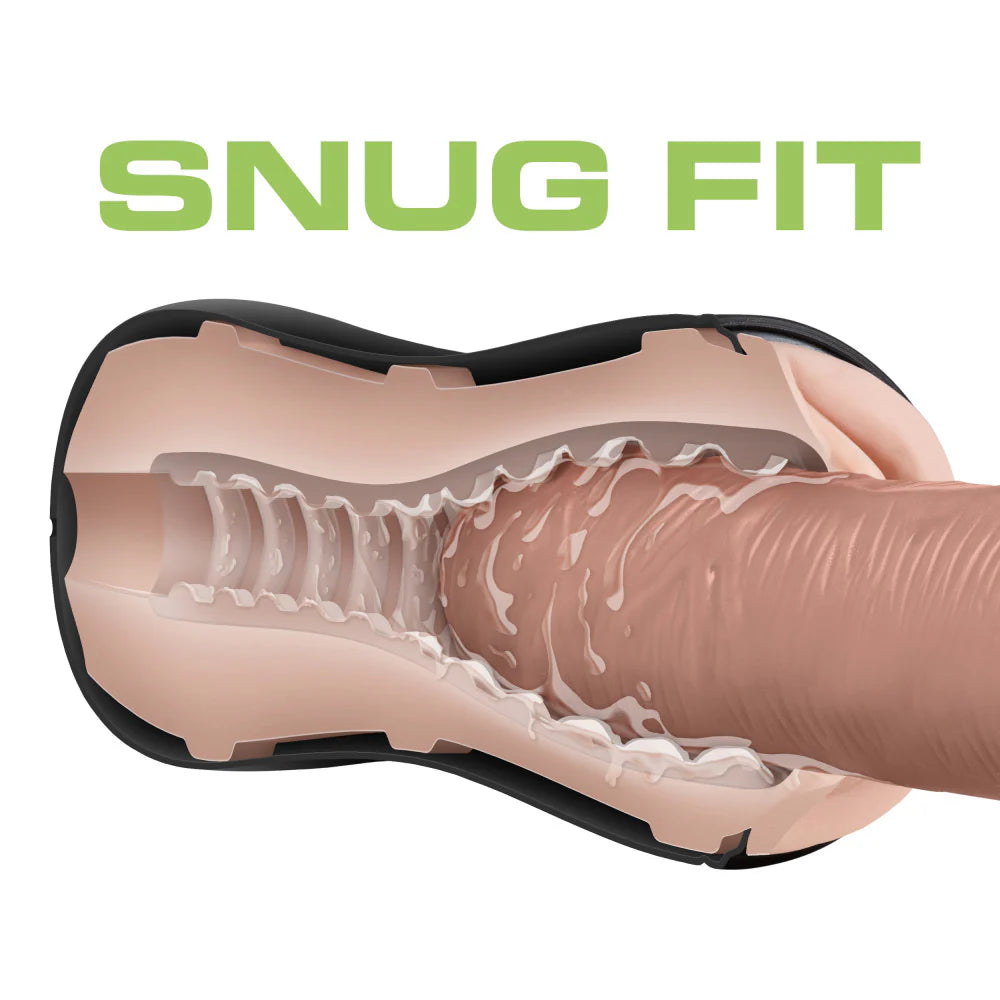 A shaft is shown inserted into the Blush Soft and Wet Pussy. Text on the image reads: "Snug fit" | Kinkly Shop