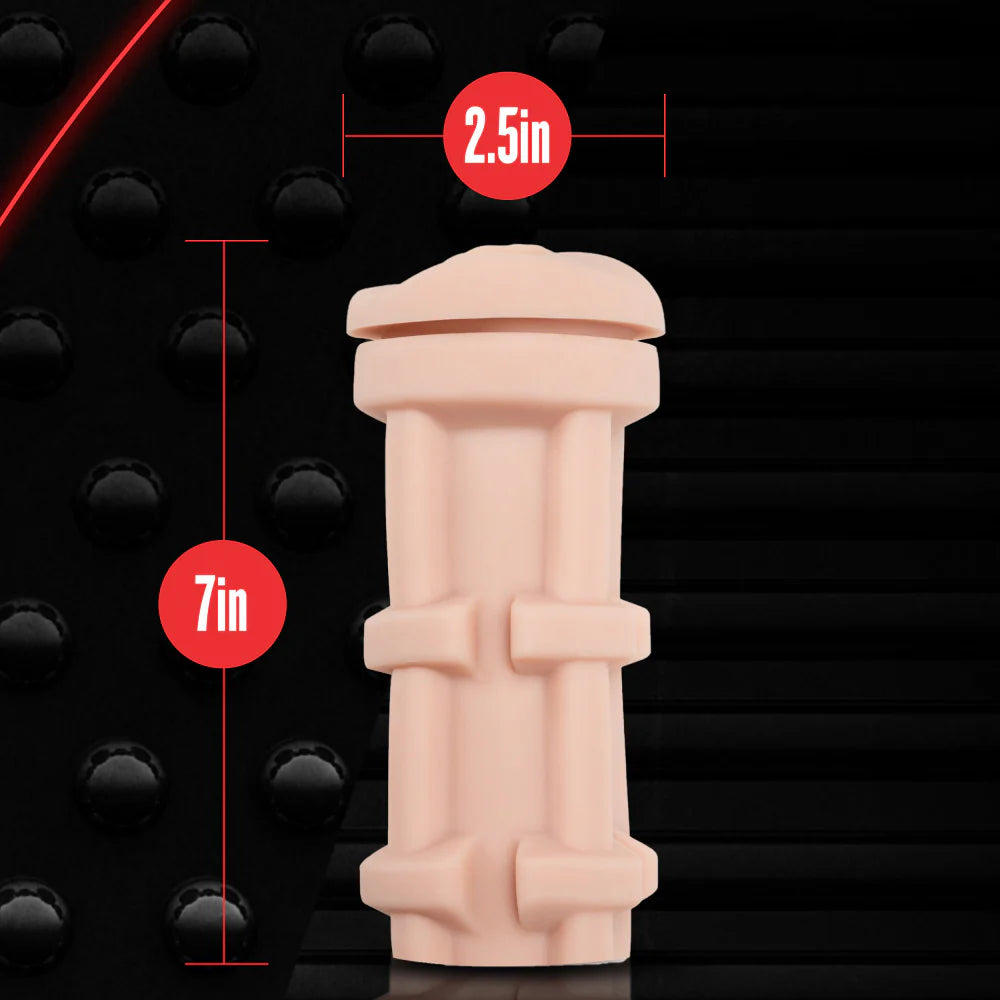The Blush Soft and Wet Pussy with measurements shown overtop of the stroker. The stroker is 7" in length with a width of 2.5". | Kinkly Shop