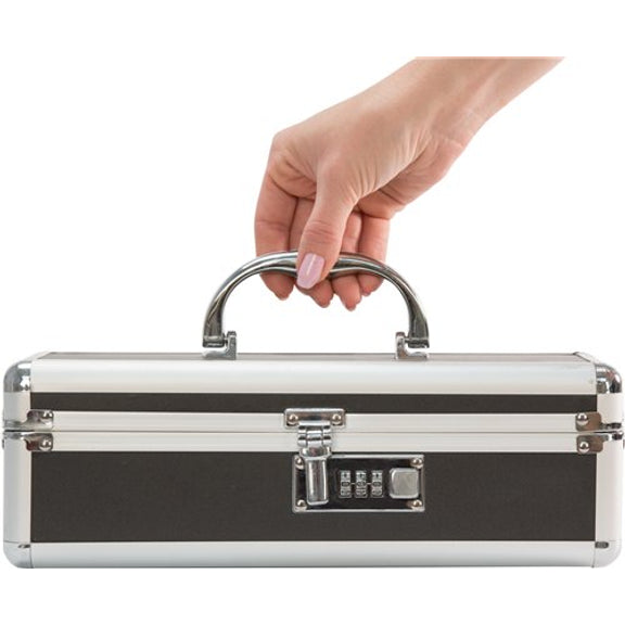 A hand is gripping the handle on top of the Lockable Vibrator Case, showcasing the size of the case. | Kinkly Shop