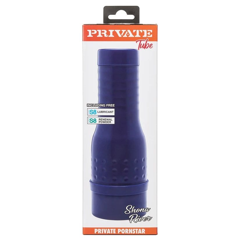 Packaging shows the Private Tube - Shona River case when both end caps are placed on the stroker, making it look like a discreet, nondescript blue tube. | Kinkly Shop