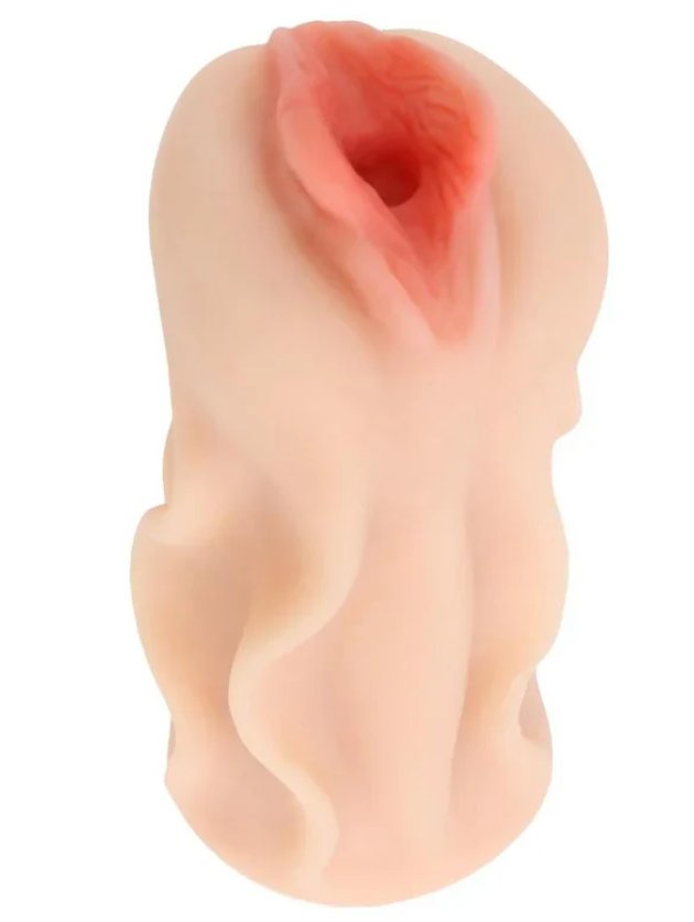 View from the side of the Elsa Jean Pussy stroker. There's rippling textures along the outside that help make it easier to hold. | Kinkly Shop