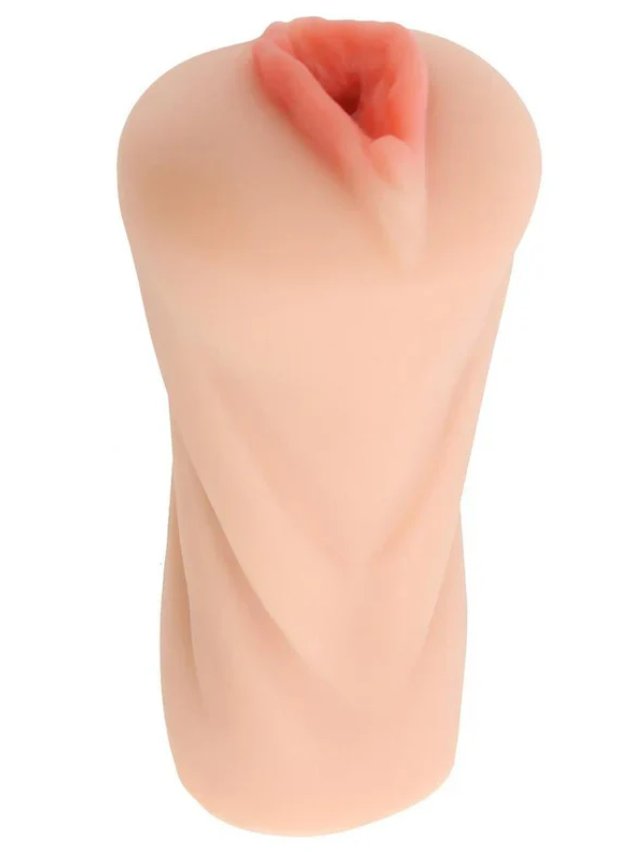 View from the side of the Gina Valentina Pussy. The stroker has light texturing on the outside to make it easier to hold and grip. | Kinkly Shop