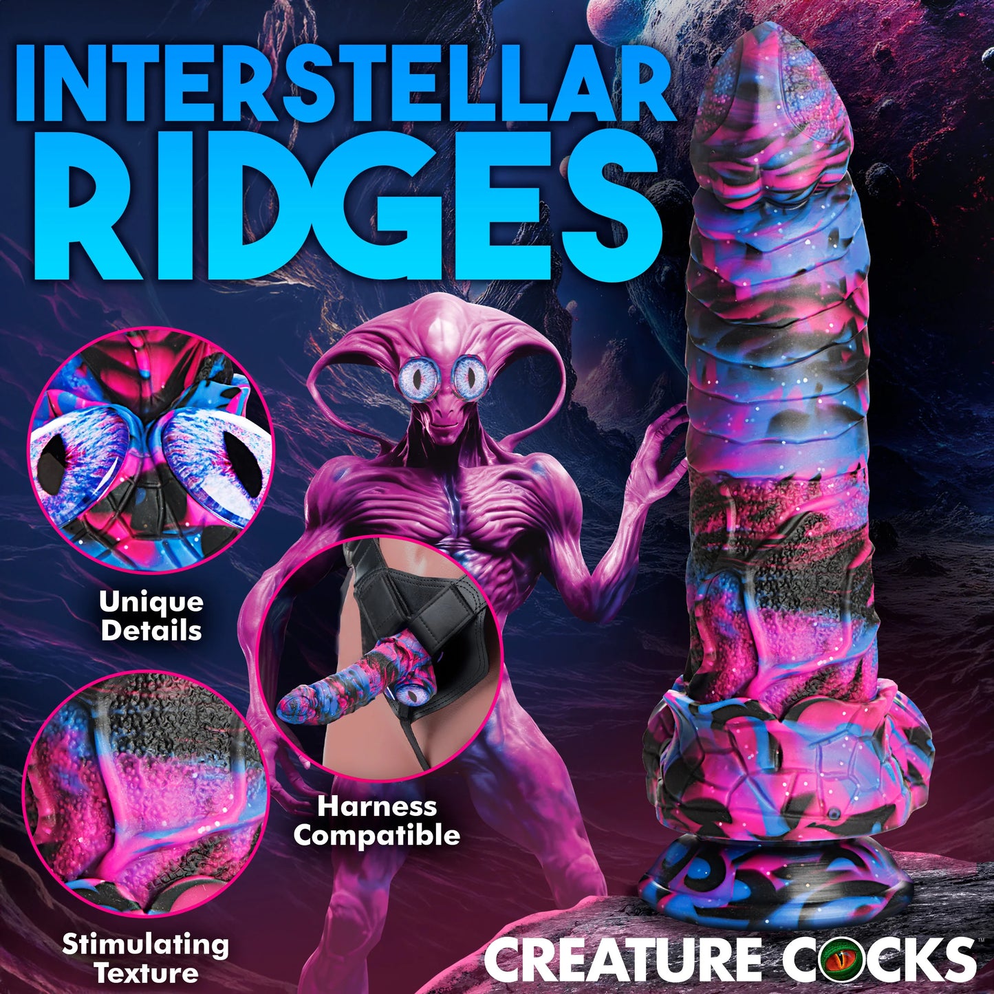 Collage of images showcasing the features of the Creature Cocks Alienoid including the unique eyes at the base, the stimulating texture, and its harness compatibility | Kinkly Shop