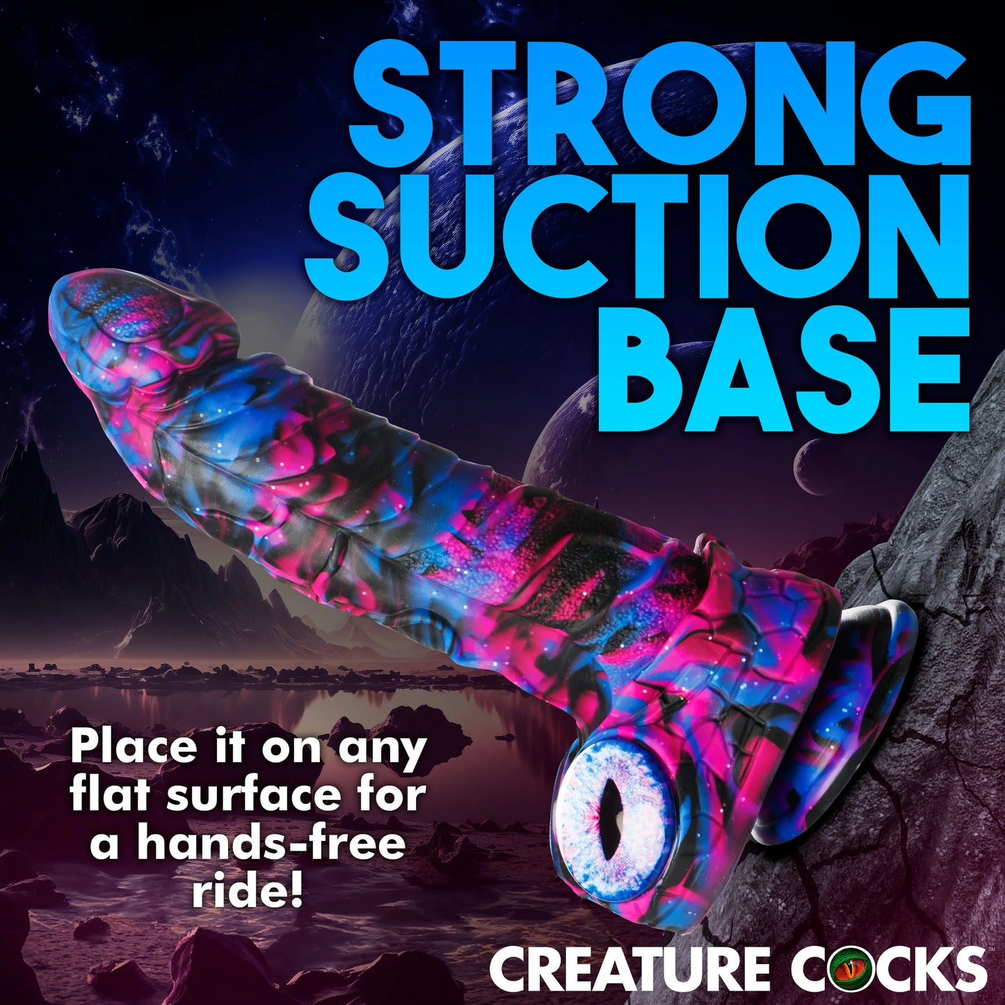 The Creature Cocks Alienoid shown suction cupped up to a vertical surface. Text on the image reads: strong suction base. Place it on any flat surface for a hands-free ride! | Kinkly Shop