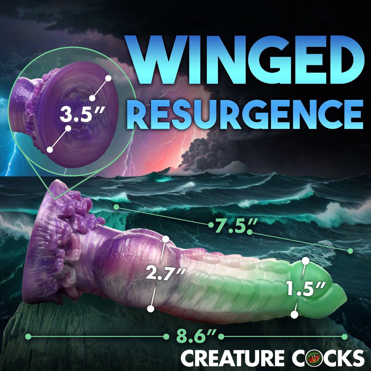 The Creature Cocks Aqua Phoenix with measurements superimposed overtop of its photo. All measurements are included within the product text description. | Kinkly Shop