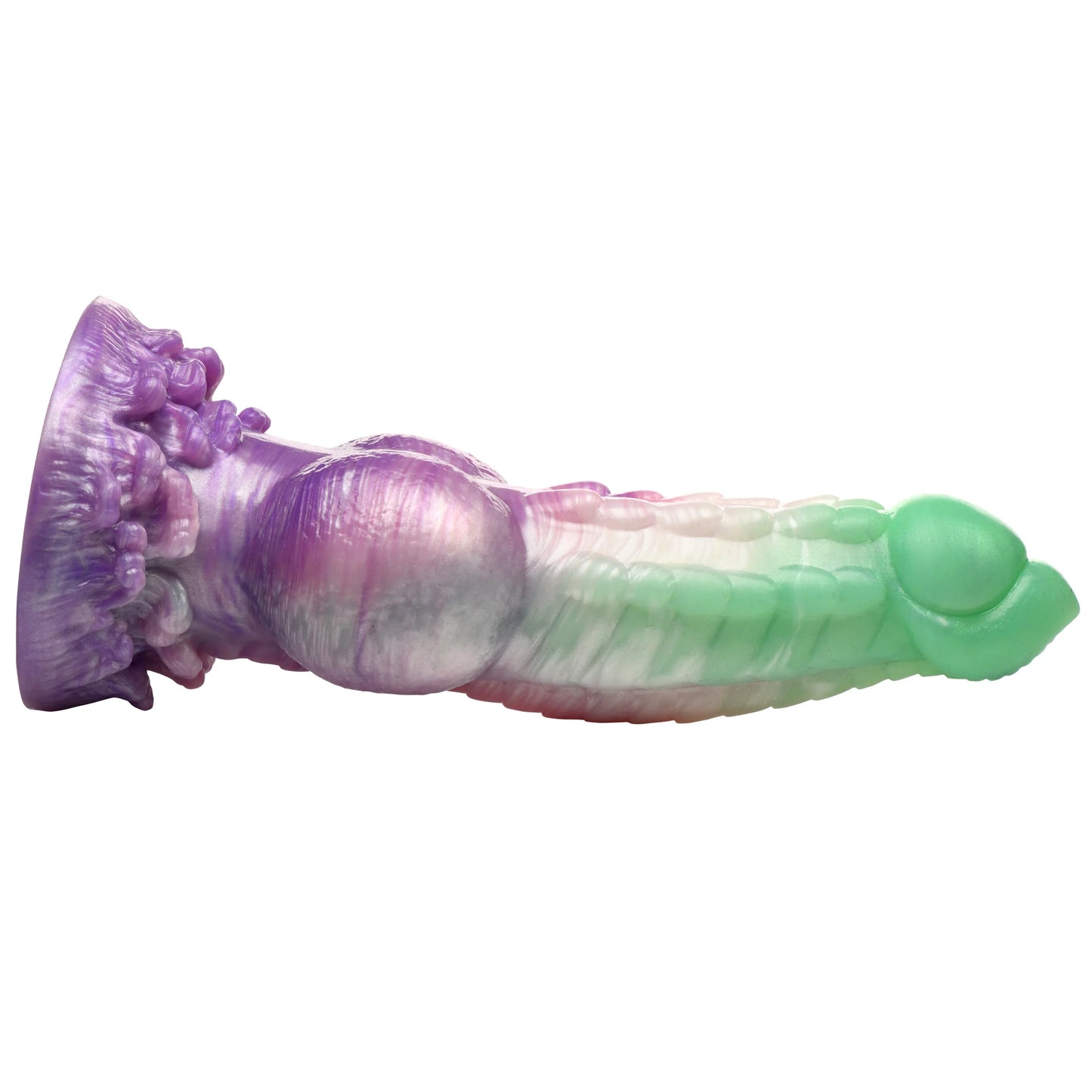 Side view of the Creature Cocks Aqua Phoenix showcasing the thickness of the knot compared to the shaft. | Kinkly Shop