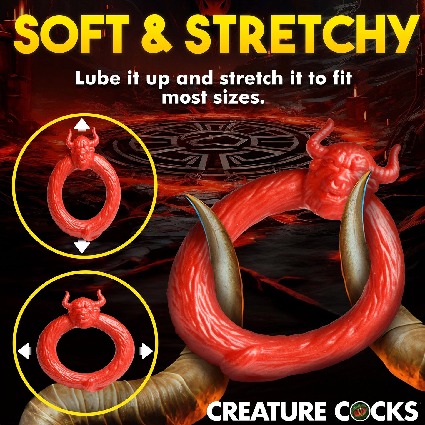 The Creature Cocks Beast Mode shown being stretched. Text reads: Soft and stretchy. Lube it up and stretch it to fit most sizes. | Kinkly Shop