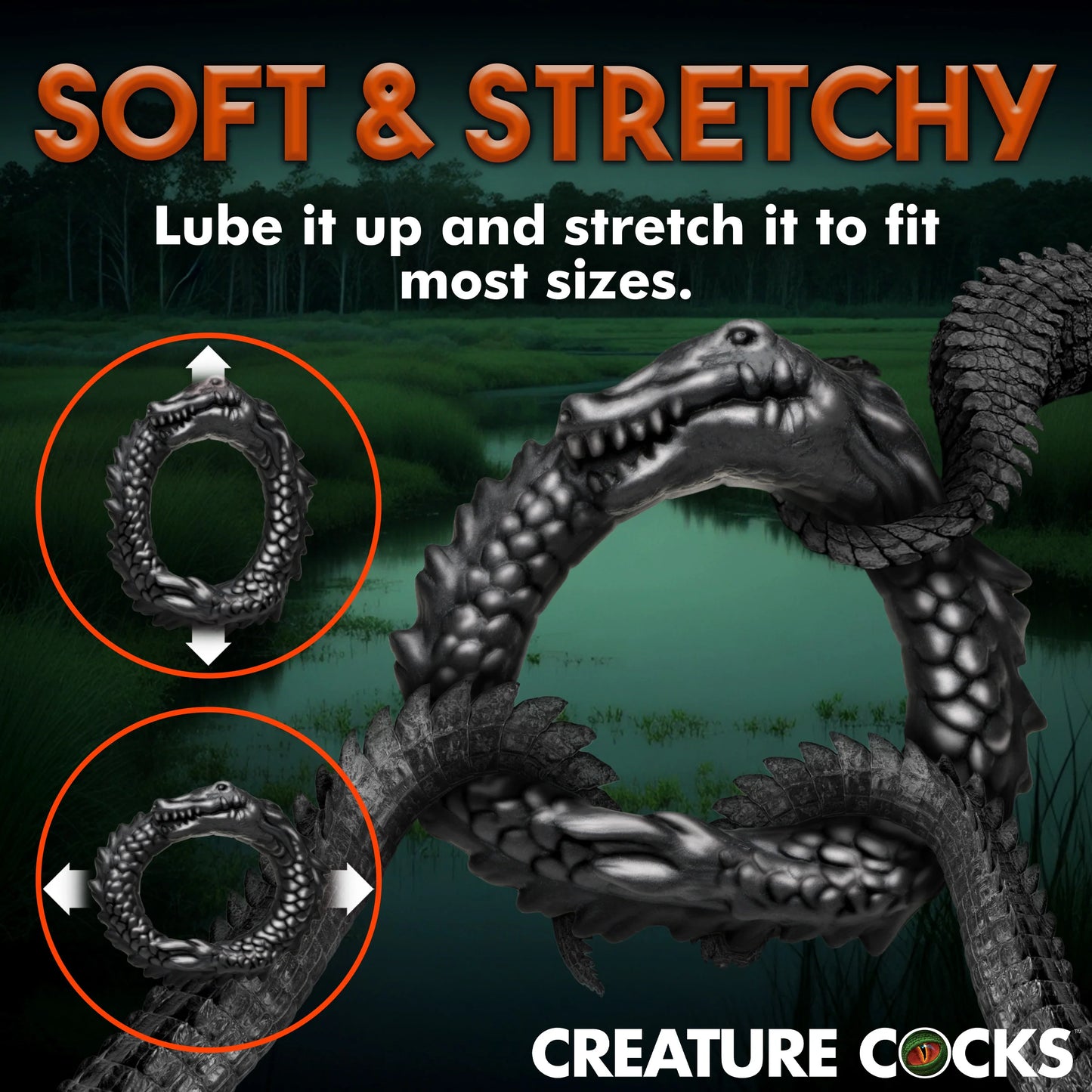 Multiple collage images show the Creature Cocks Caiman being stretched in different directions. Text reads: Soft and stretchy. Lube it up and stretch it to fit most sizes. | Kinkly Shop