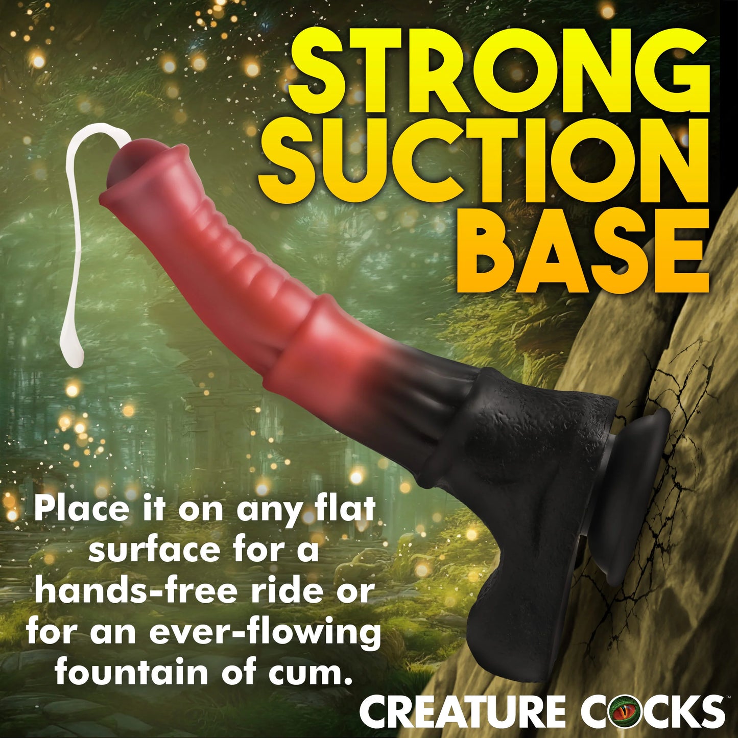 The Creature Cocks Squirting Centaur shown adhered to a vertical surface. Text includes: Strong suction base. Place it on any flat surface for a hands-free ride or for an ever-flowing fountain of cum. | Kinkly Shop