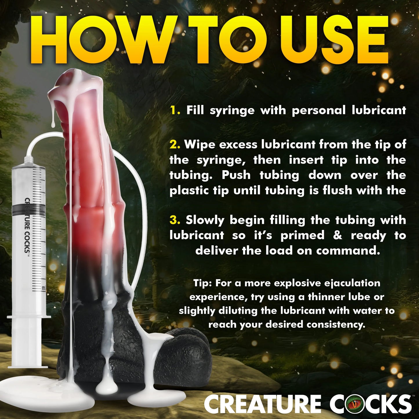 A step-by-step list detailing how to use the Creature Cocks Squirting Centaur, which includes filling the syringe then depressing the plunger to get the lube to shoot out the top of the dildo. | Kinkly Shop