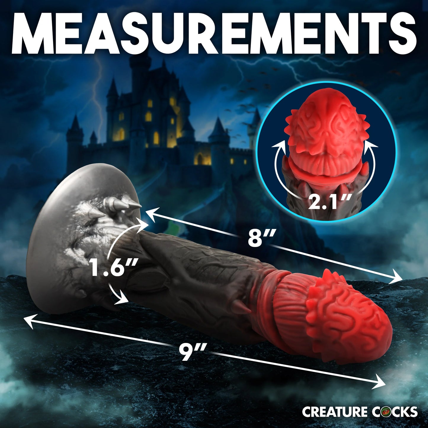 The Creature Cocks Count Cockula with measurements superimposed on top of it. All measurements can be found within the text description. | Kinkly Shop