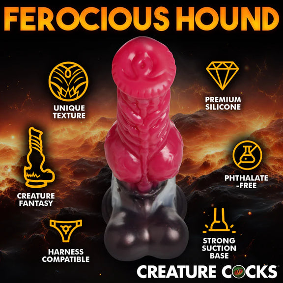 The Creature Cocks Cujo shown next to a icon and text list of features. Text reads: "Unique texture. Premium silicone. Creature fantasy. Harness compatible. Strong suction base. Phthalate-free. | Kinkly Shop