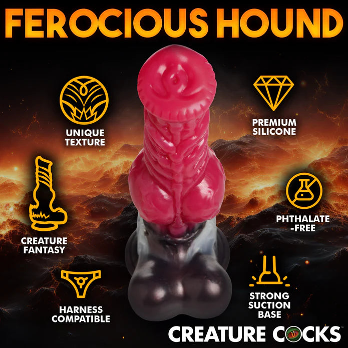 The Creature Cocks Cujo shown next to a icon and text list of features. Text reads: "Unique texture. Premium silicone. Creature fantasy. Harness compatible. Strong suction base. Phthalate-free. | Kinkly Shop