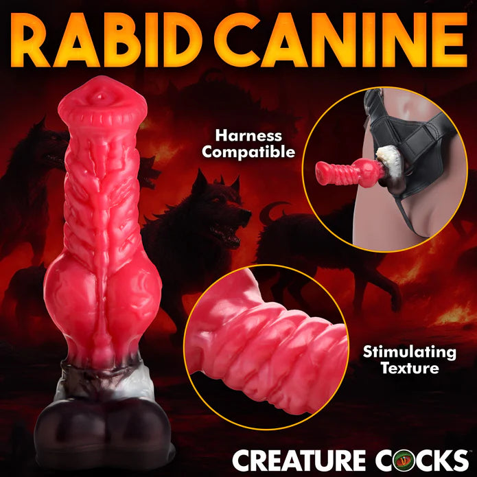 Collage of images showcases the features of the Creature Cocks Cujo including the harness compatibility and the stimulating texture. | Kinkly Shop