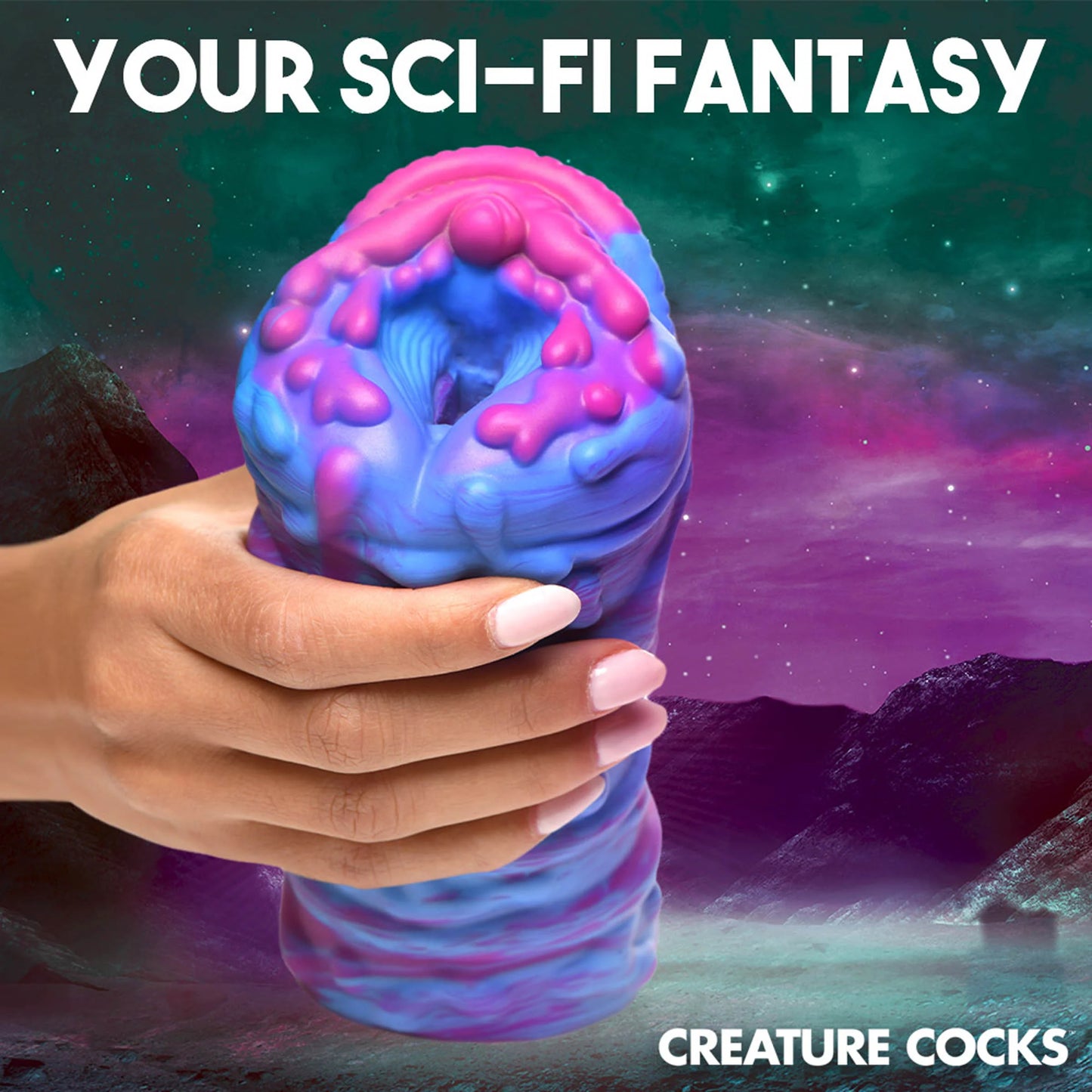 A hand holds the Creature Cocks Cyclone Alien. The stroker looks particularly thick. The person's fingers can't close around it, but it looks slightly thicker than a can of soda but less thick than a 2 liter of soda. | Kinkly Shop