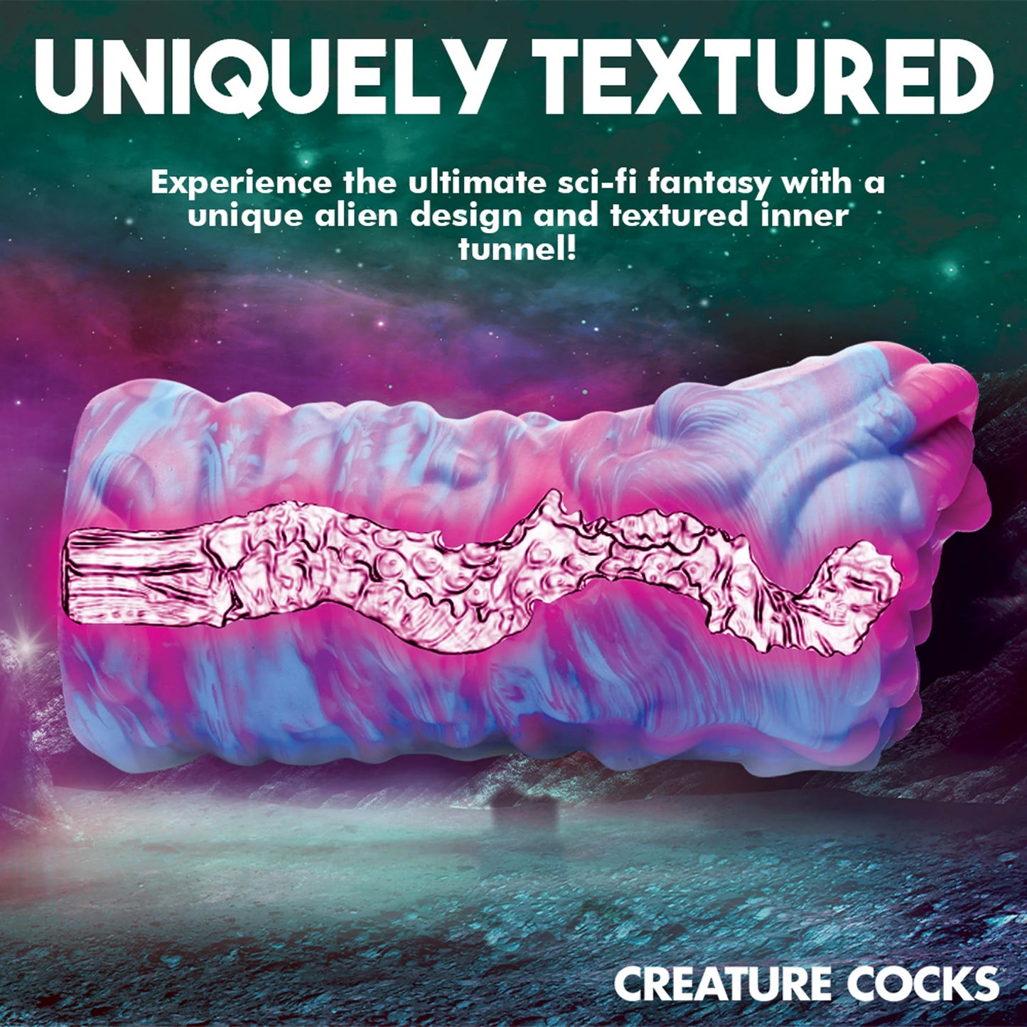 Cross-section of the Creature Cocks Cyclone Alien showcases the texture inside of the stroker. It's not a straight line; it has a lot of up and down variance. Text reads: Experience the ultimate sci-fi fantasy with a unique alien design and textured inner tunnel. | Kinkly Shop