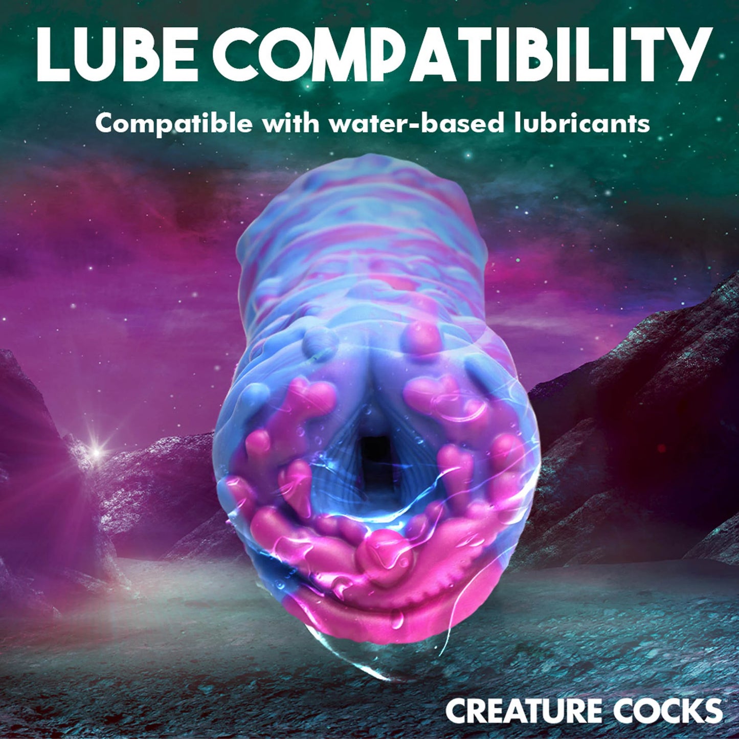 Close-up on the entrance of the Creature Cocks Cyclone Alien showcases the unique nodules with a vulva-inspired design that looks very otherworldly | Kinkly Shop