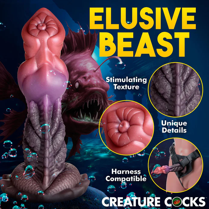 Collage of images showcasing the features of the Creature Cocks Deep Diver. Text on the image reads: Elusive beast. Stimulating texture. Unique details. Harness compatible. | Kinkly Shop