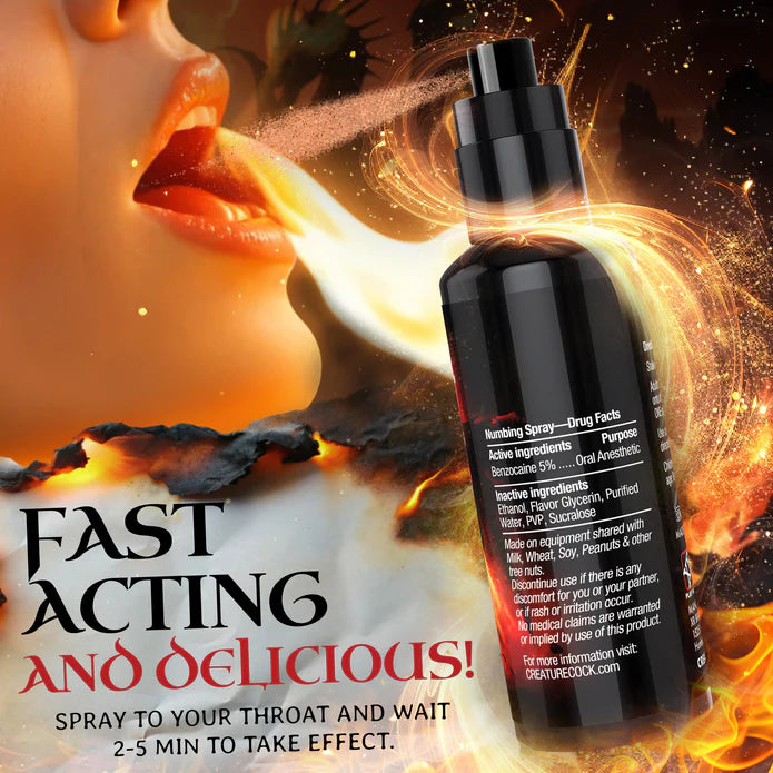 The Creature Cocks Throat Numbing Spray shown next to a fire breathing dragon. Text on the image reads: "Fast acting and delicious. Spray to your throat and wait 2-5 minutes to take effect." | Kinkly Shop