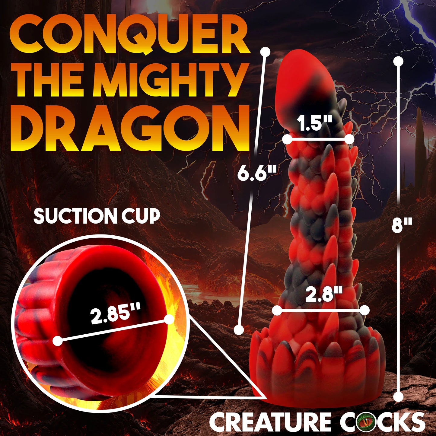 The Creature Cocks Demon Rising shown with measurements superimposed over top of its length. All measurements can be found within the text product description. | Kinkly Shop
