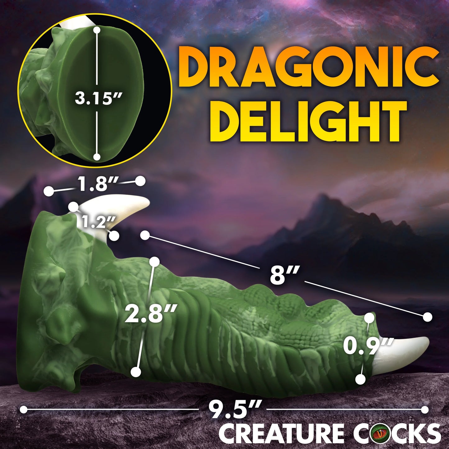 The Creature Cocks Dragon Claw shown with measurements superimposed overtop of it. All measurements can be found with the product description text. | Kinkly Shop