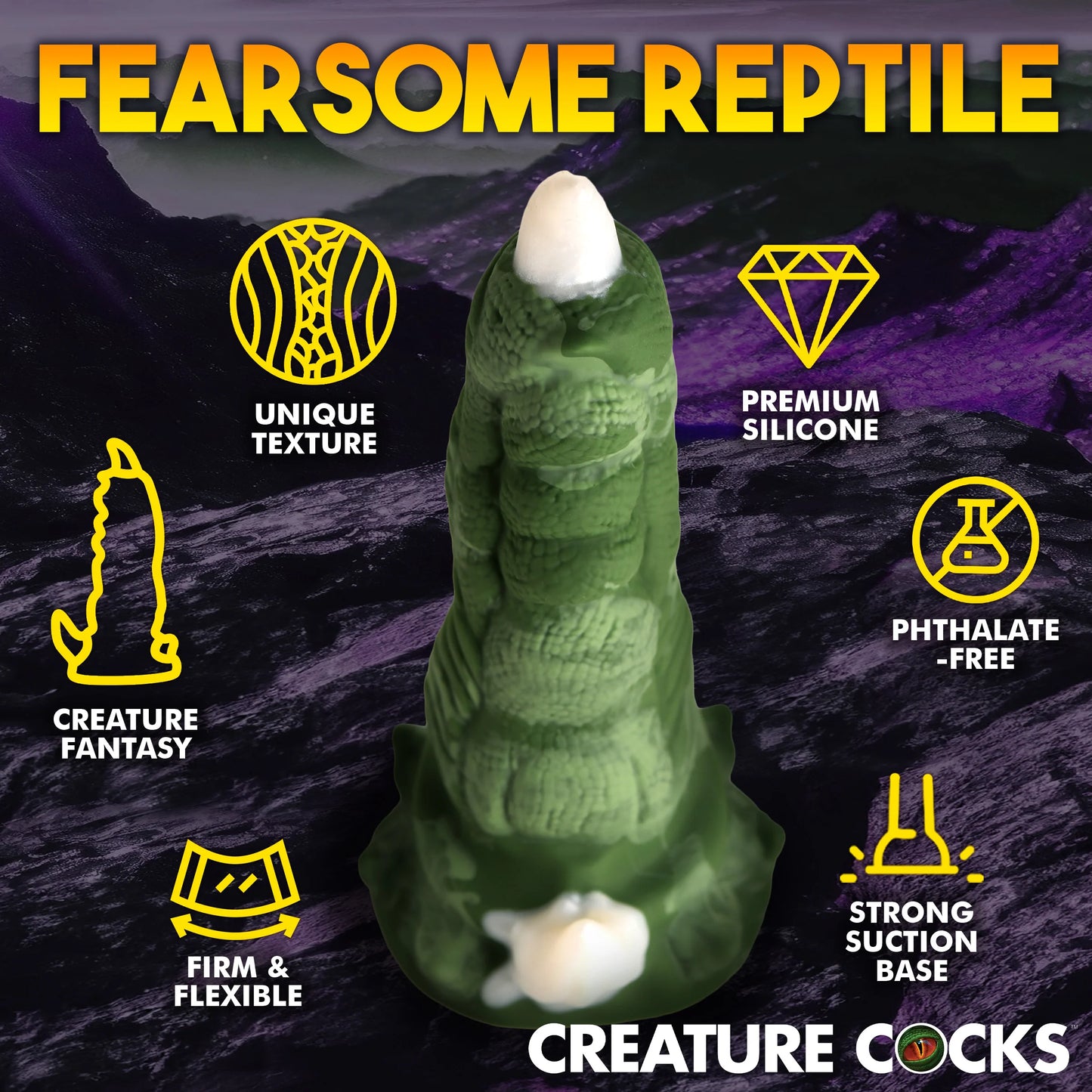 The Creature Cocks Dragon Claw with text and icons surrounding it that showcase the various features of the dildo. Text includes: Unique texture, creature fantasy, firm and flexible, premium silicone, phthalate free, and strong suction base. | Kinkly Shop