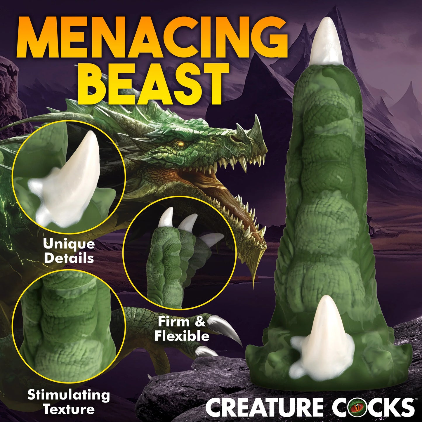Collage showcases features of the Creature Cocks Dragon Claw including its unique details, its firm and flexible silicone, and its stimulating texture. | Kinkly Shop