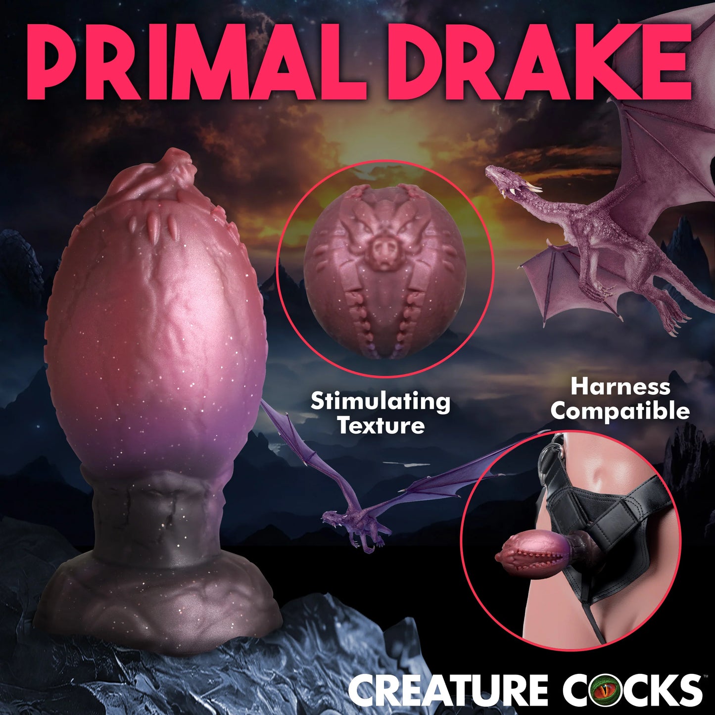 Collage of images showcasing features of the Creature Cocks Dragon Hatch including the stimulating texture and harness compatibility. | Kinkly Shop