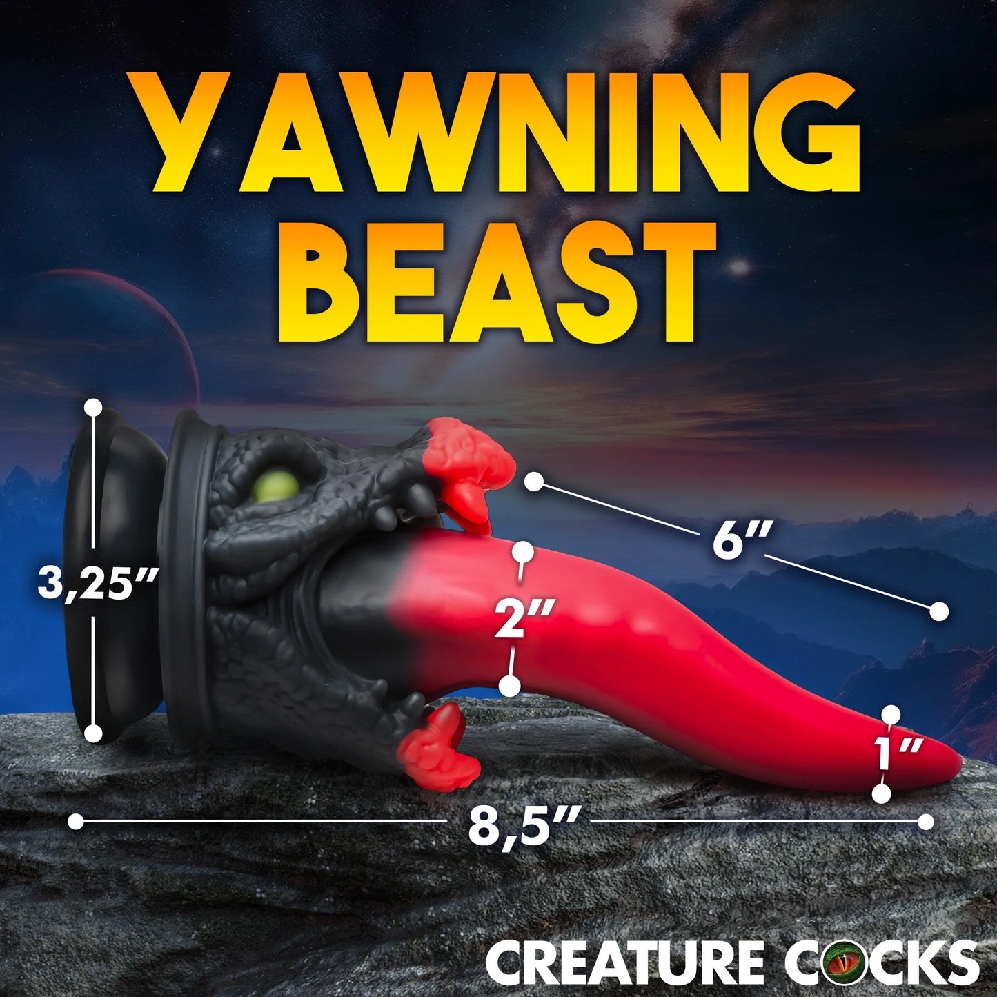 The Creature Cocks Dragon Roar with measurements superimposed overtop of it. All measurements can be found within the text product description. | Kinkly Shop