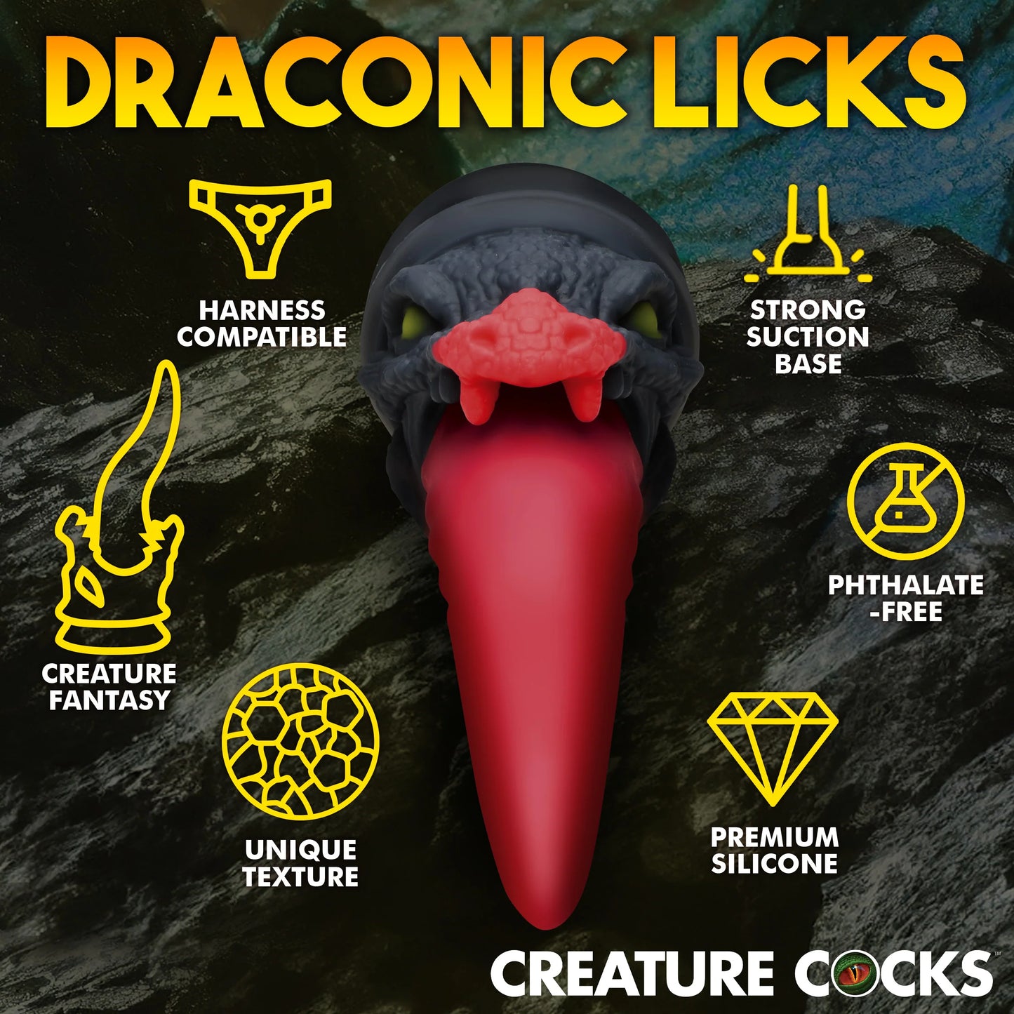 The Creature Cocks Dragon Roar with text and icons shown around it with various features highlighted. Text includes "Draconic licks. Strong suction base. Phthalate free. Premium silicone. Unique texture. Creature fantasy. Harness compatible." | Kinkly Shop