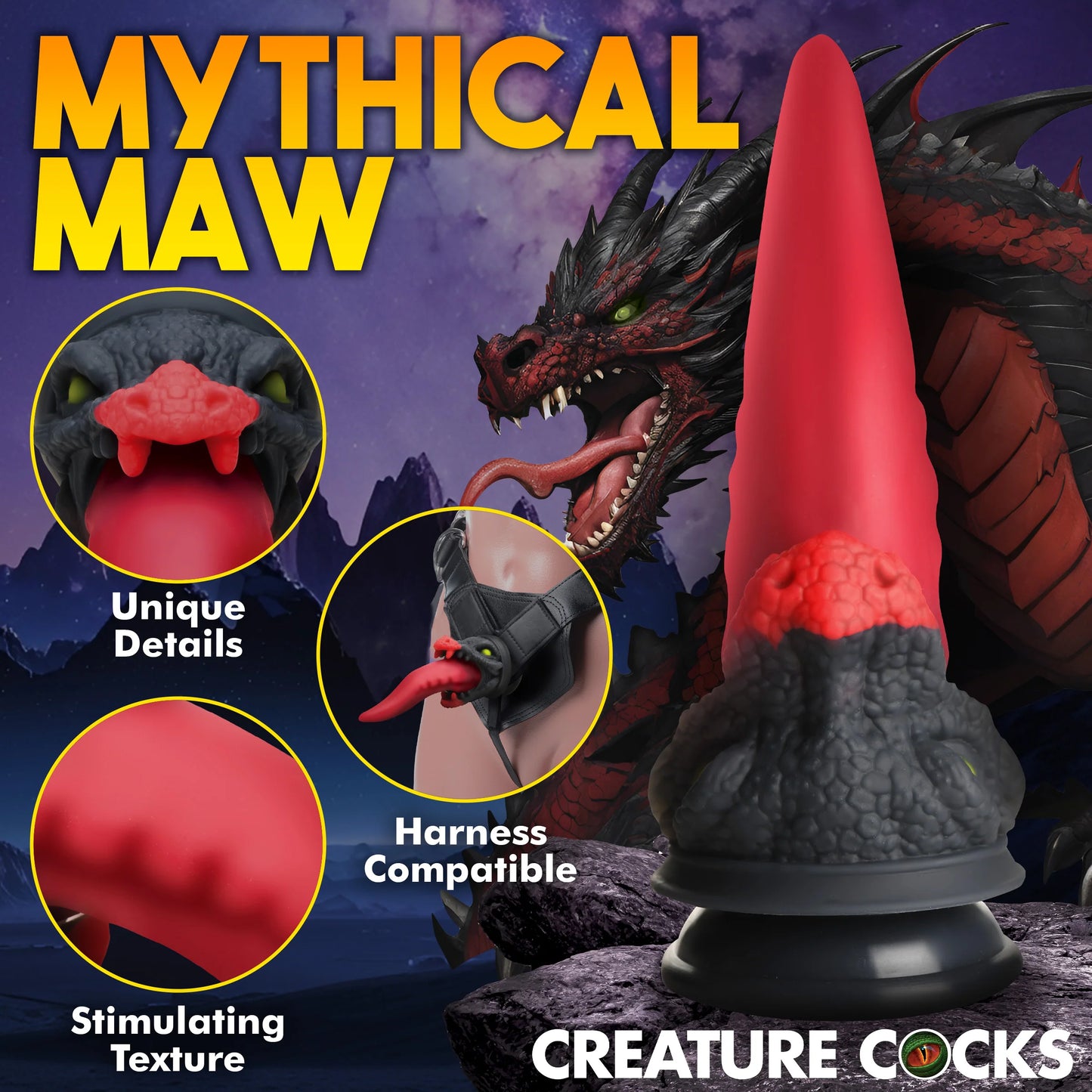 Collage of images showcases the Creature Cocks Dragon Roar's unique details, harness compatibility, and stimulating texture. | Kinkly Shop