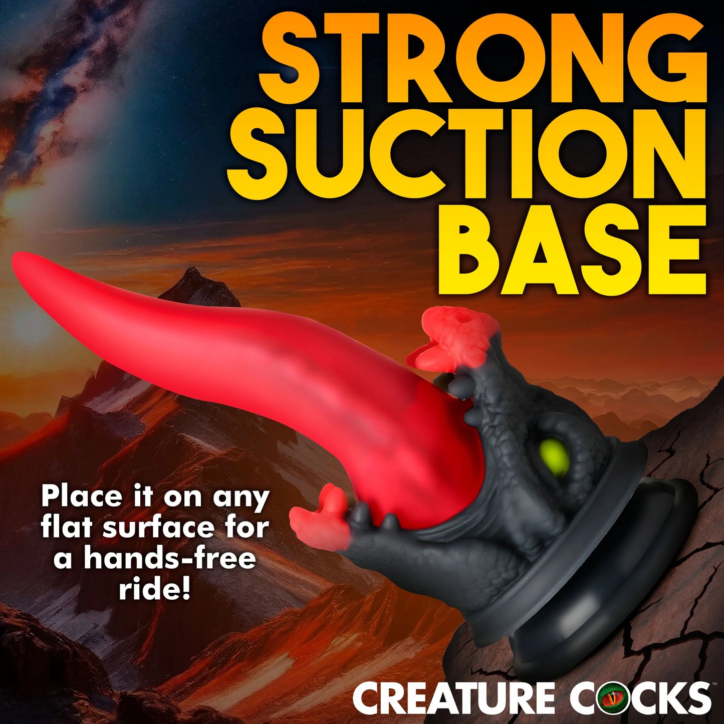 Creature Cocks Dragon Roar shown secured to a volcano via photoshop because dragons live in volcanos, I guess. Text on the image reads "Strong suction base. Place it on any flat surface for a hands-free ride" | Kinkly Shop