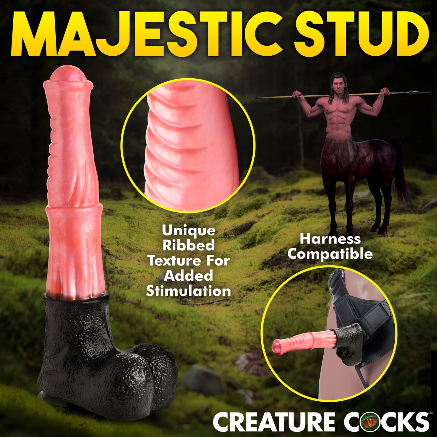 Collage of images showcasing the features of the Creature Cocks Giant Centaur XL. Text includes unique ribbing texture for added stimulation and harness compatible. | Kinkly Shop