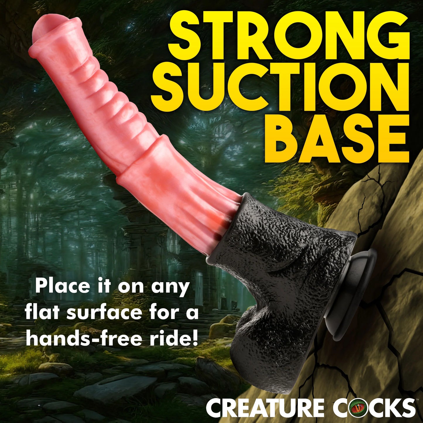 The Creature Cocks Giant Centaur XL is shown photoshopped suction cupped onto a cracked rock. Text on the image reads "Strong suction base. Place it on any flat surface for a hands-free ride!" | Kinkly Shop