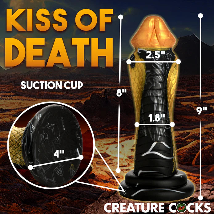The Creature Cocks Golden Mamba with measurements superimposed over top of it. All measurements can be found within the text description. | Kinkly Shop