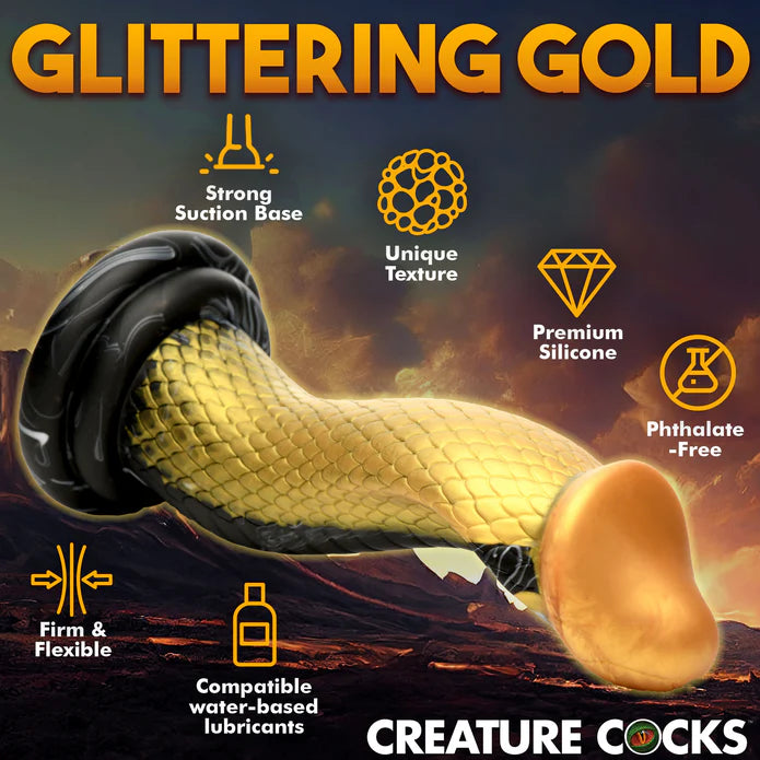 The Creature Cocks Golden Mamba shown next to a icon and text list of features including: Strong suction base, unique texture, premium silicone, phthalate-free, firm and flexible, and compatible with water-based lubes. | Kinkly Shop