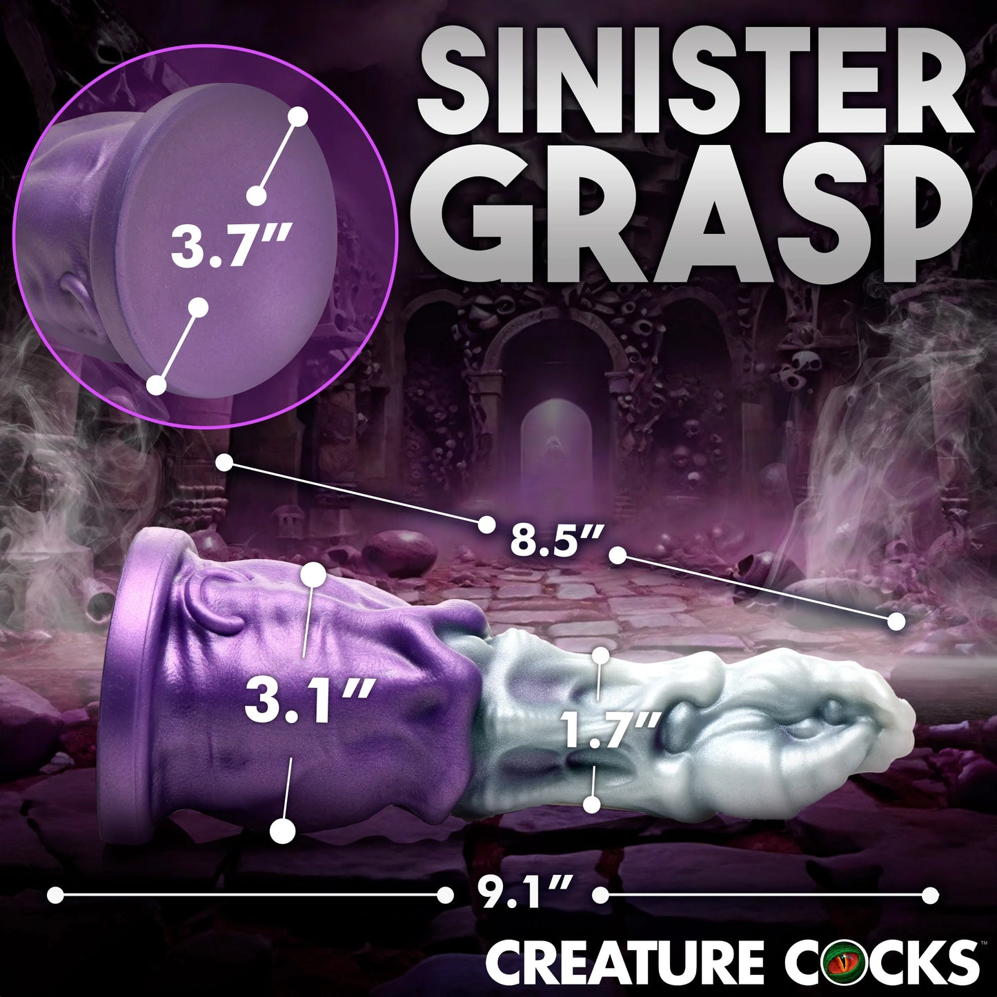 The Creature Cocks Grim Reaper with measurements superimposed over its length. All measurements are included within the product description text. | Kinkly Shop