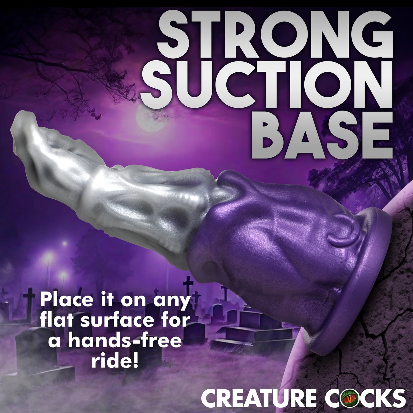 The Creature Cocks Grim Reaper shown suction cupped to a cracked rock. Text reads "Strong suction base.Place it on any flat surface for a hands-free ride!" | Kinkly Shop