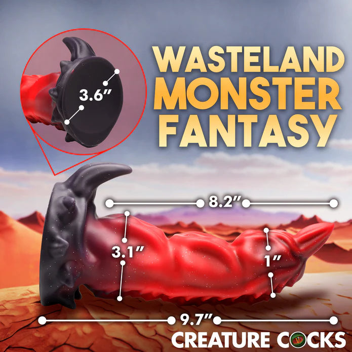 The Creature Cocks King Scorpion with measurements superimposed on top of it. All measurements are included within the product text description. | Kinkly Shop