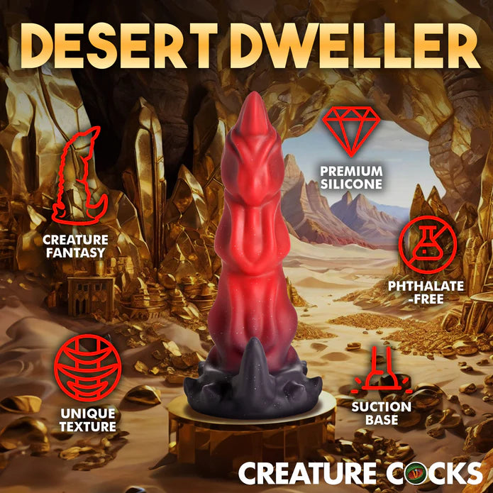 The Creature Cocks King Scorpion surrounded by a text and icon list of features. Text includes: Desert dweller. Creature fantasy. Premium silicone. Phthalate-free. Unique texture. Suction base. | Kinkly Shop